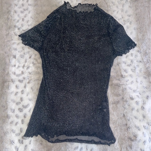 Size Small Women's Sheer Black Mesh Lettuce Trim Glitter Short Sleeve Top - Picture 15 of 16